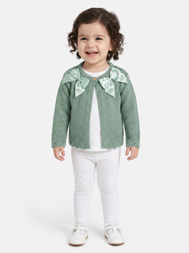 Baby Girl Cardigan with 2 Big Bows - Sage Green