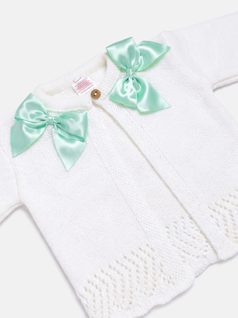 Baby Girl Cardigan with 2 Big Bows - White & Mint Bow