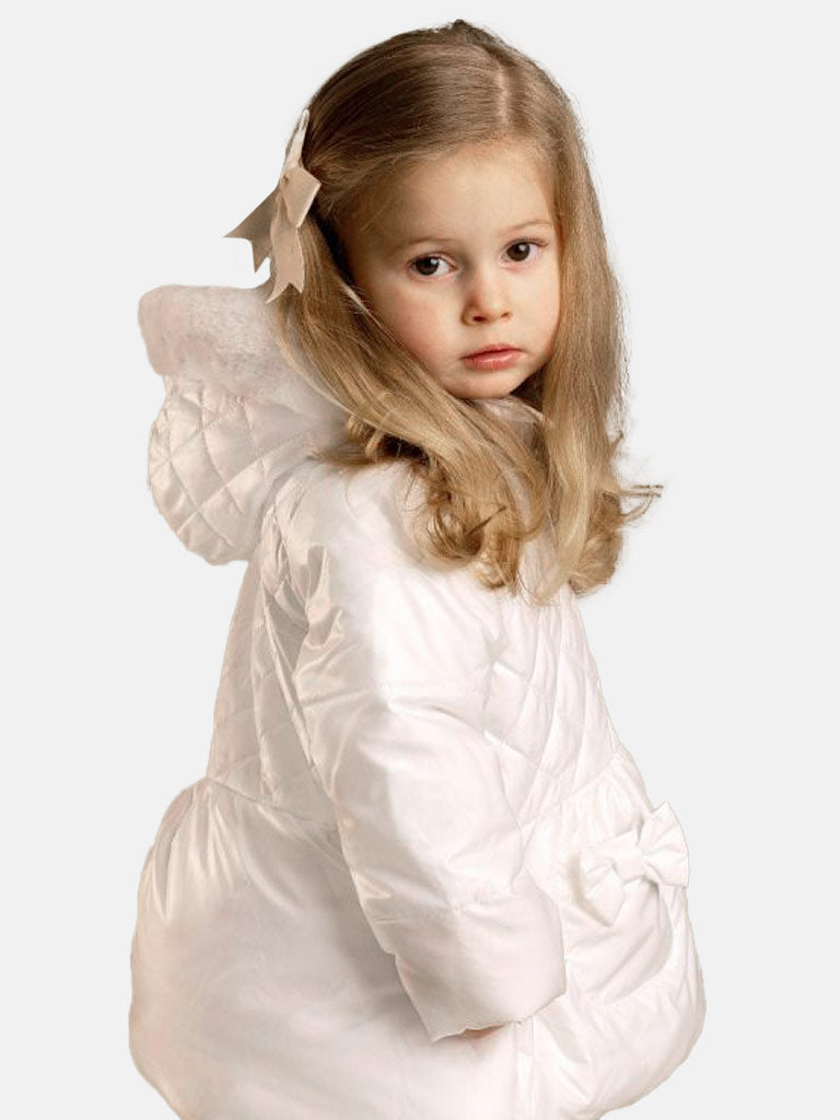 Baby Girl Melia Glossy Bow with Fur Hooded Jacket - White