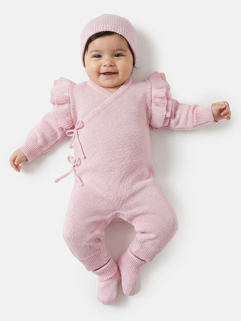 Baby Girl Melissa Collection Knitted 3-Piece Set - Wrap Pramsuit, Hat & Booties - Baby Pink