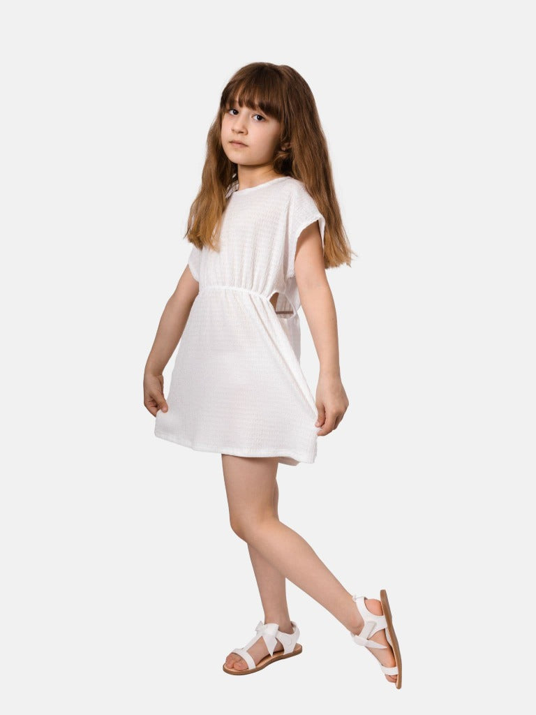 Junior Girl Lou French Collection Summer Dress with Short Sleeves and Cuts on Waist - White