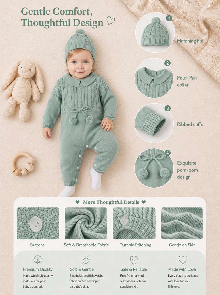 Baby Sami Collection Knitted All-in-one with Hat - Mint Green