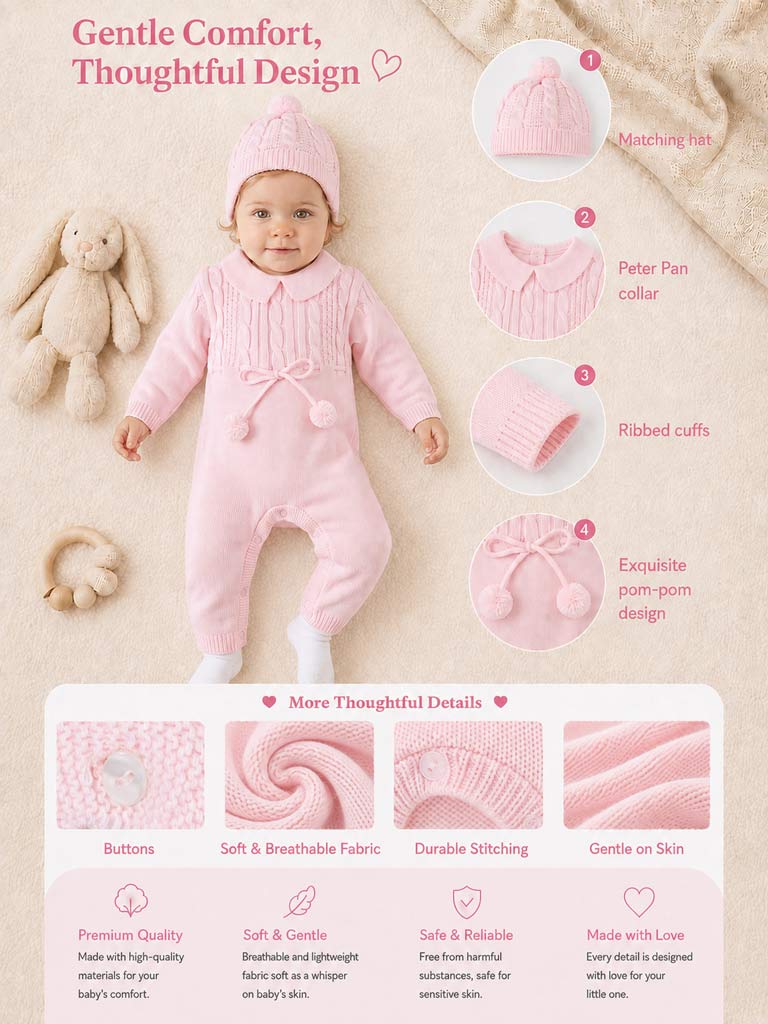 Baby Sami Collection Knitted All-in-one Set with Hat - Baby Pink