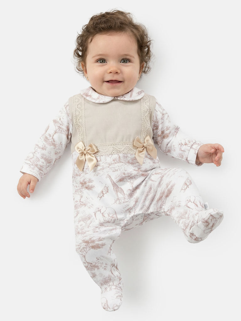 Baby Grow for Girls Safari Collection with Lace & Bows - Beige