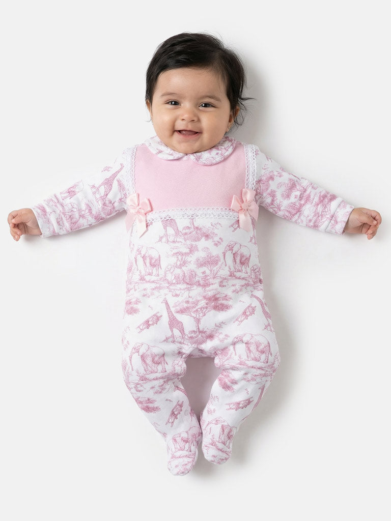Baby Grow for Girls Safari Collection with Satin Bows - Baby Pink