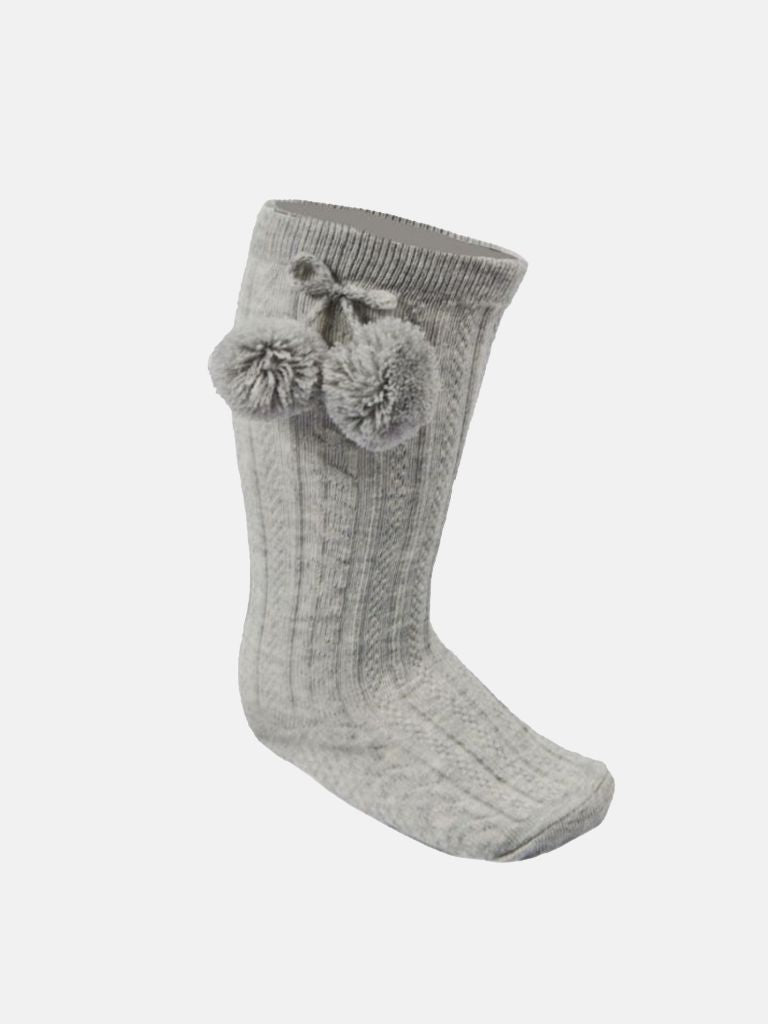 Baby Unisex Elegant Cable-Knit Knee Socks with Pom-pom - Grey