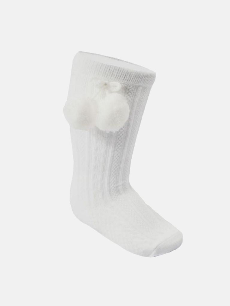 Baby Unisex Elegant Cable-Knit Knee Socks with Pom-pom - White