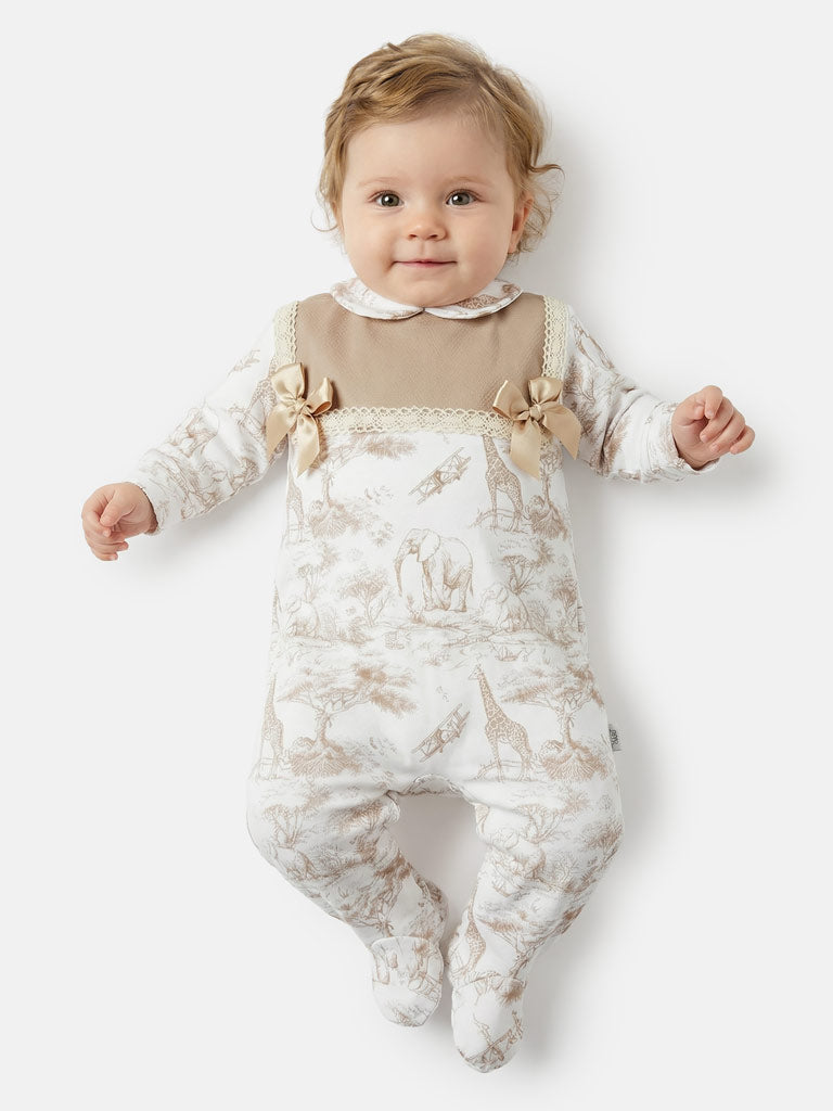 Baby Grow for Girls Safari Collection with Satin Bows - Beige