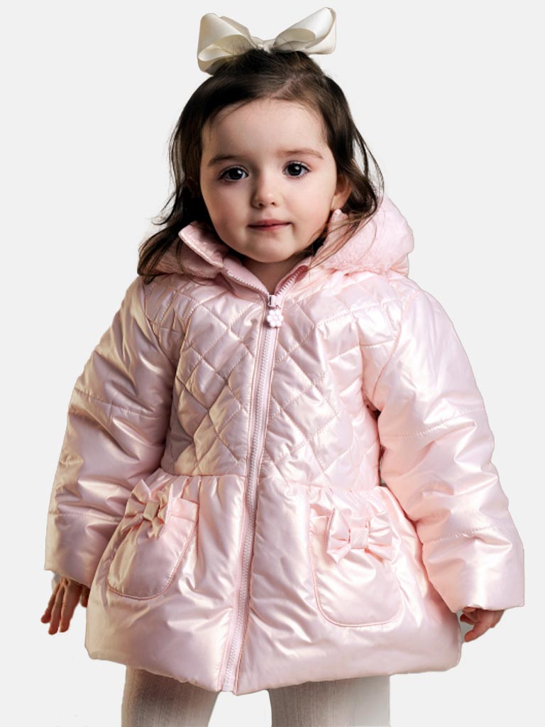 Baby Girl Melia Glossy Bow with Fur Hooded Jacket - Pink