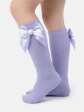 Baby Girl Knee Socks with Satin Double Bow - White & Lilac