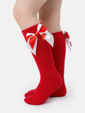 Baby Girl Knee Socks with Satin Double Bow - Red & White