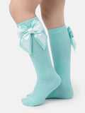 Baby Girl Knee Socks with Satin Double Bow - White & Mint Green