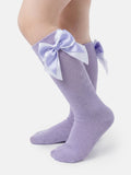 Baby Girl Knee Socks with Satin Double Bow - Lilac & White