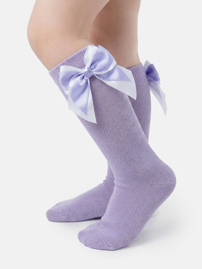 Baby Girl Knee Socks with Satin Double Bow - Lilac & White