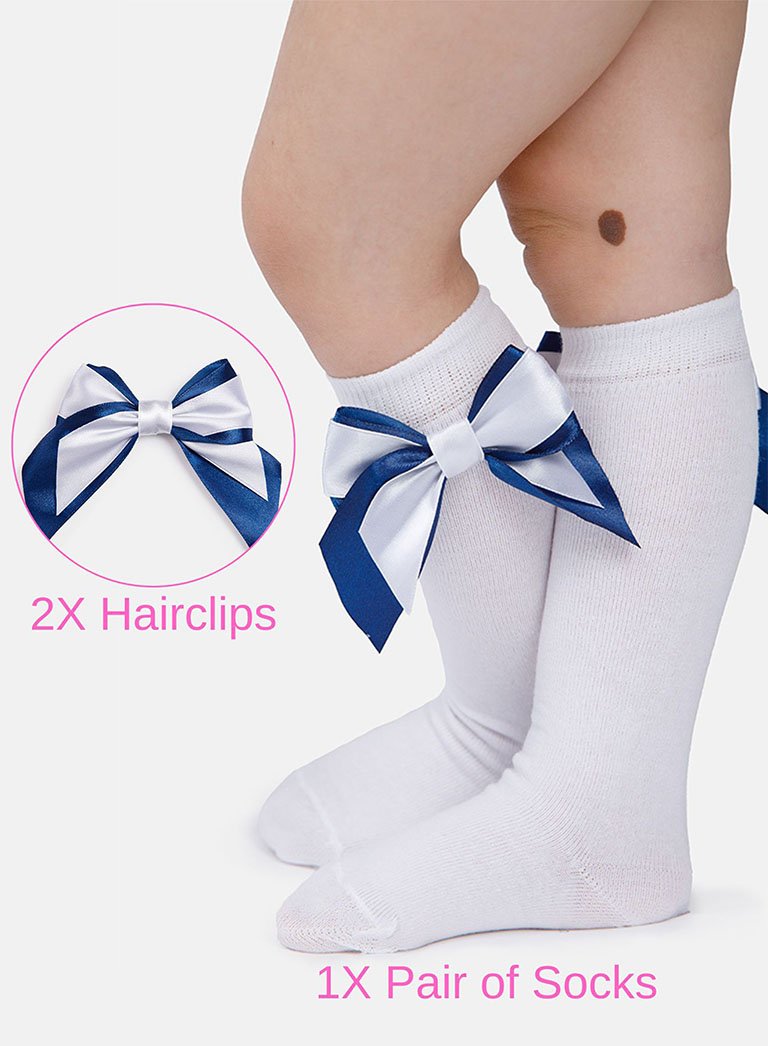Matching Double Bow Socks & Hairclips Bundle - White & Navy Blue