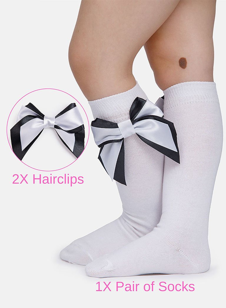 Matching Double Bow Socks & Hairclips Bundle - White & Black