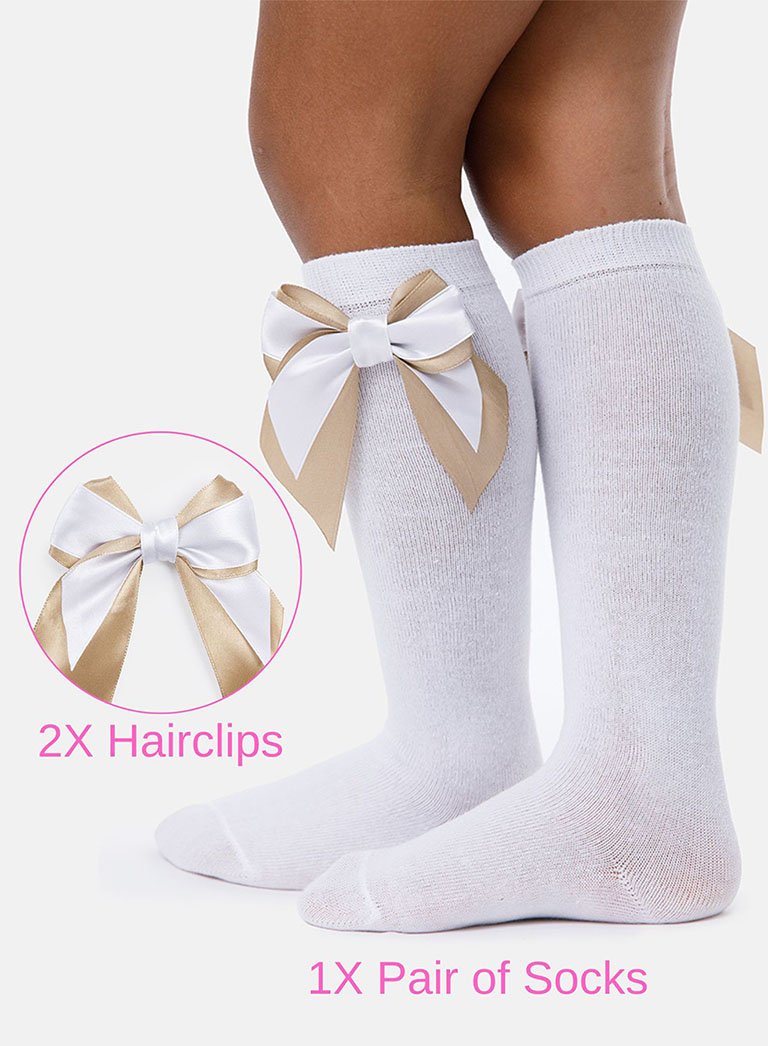 Matching Double Bow Socks & Hairclips Bundle - White & Tan