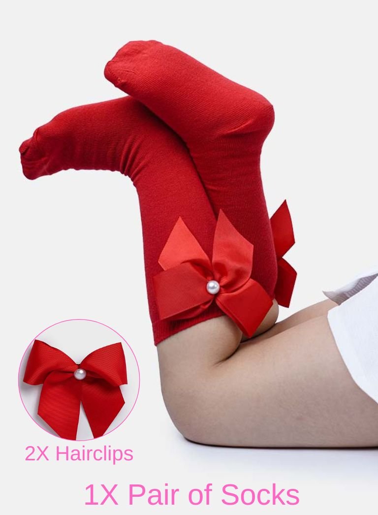 Matching Pearl Socks and Hairclips Bundle - Red