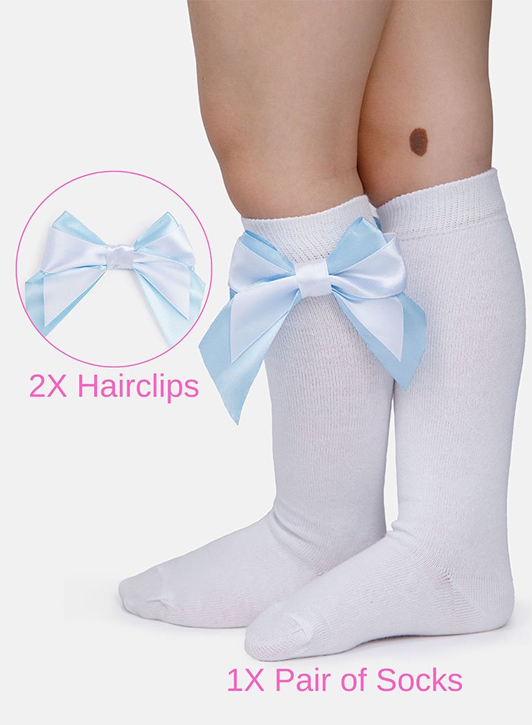 Matching Double Bow Socks & Hairclips Bundle - White & Baby Blue