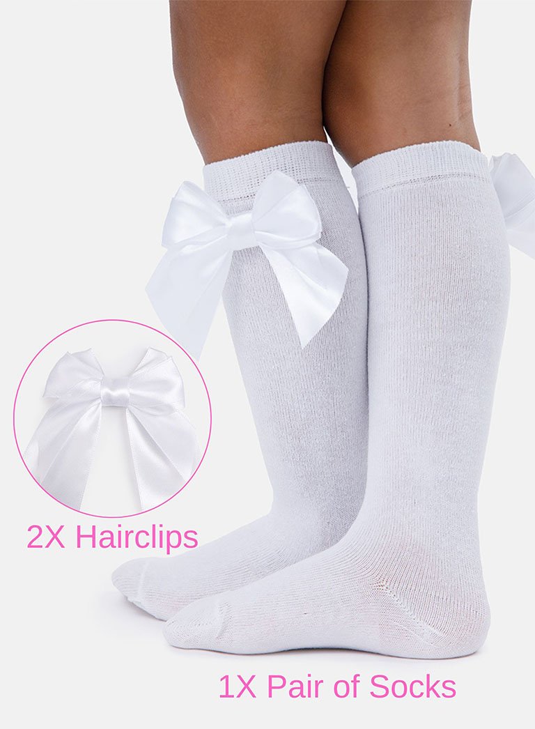 Matching Double Bow Socks & Hairclips Bundle - White & White