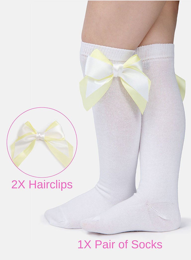 Matching Double Bow Socks & Hairclips Bundle - White & Lemon Yellow