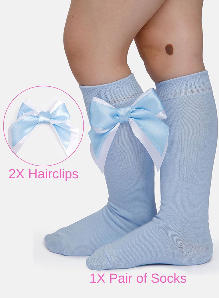 Matching Double Bow Socks & Hairclips Bundle - Baby Blue & White