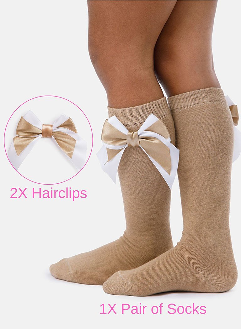 Matching Double Bow Socks & Hairclips Bundle - Tan & White