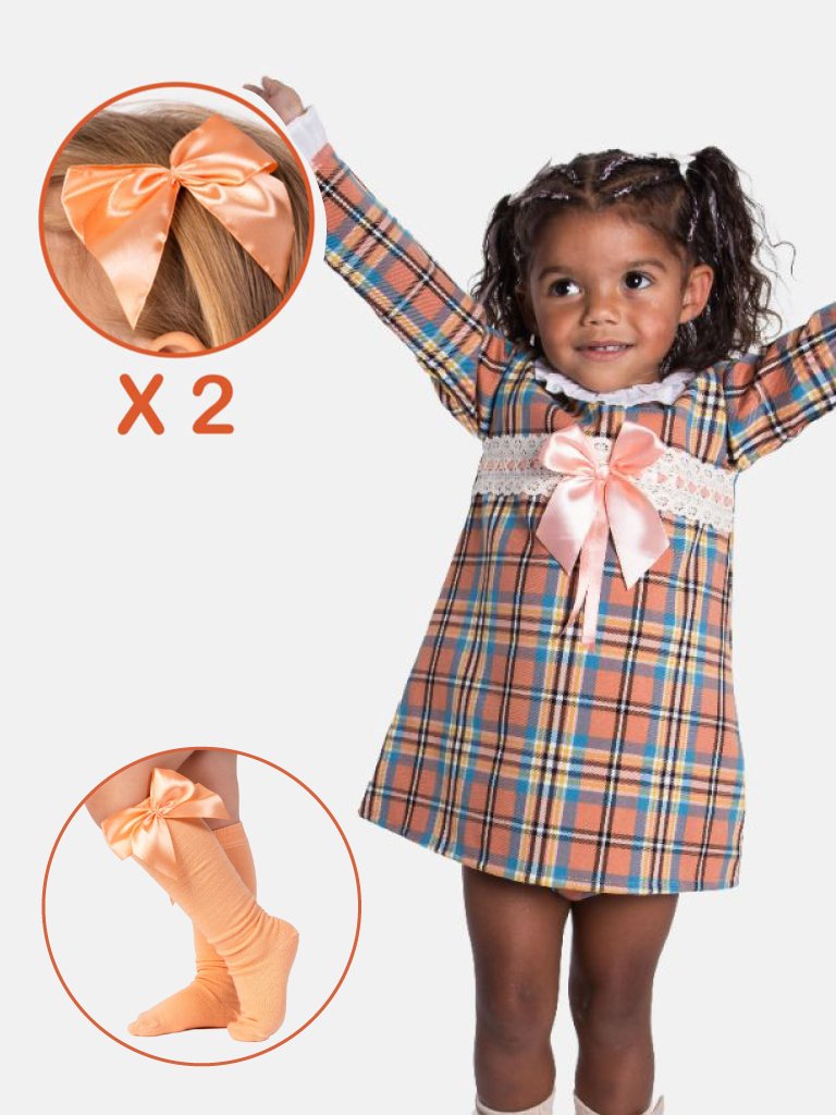 Baby Girl Tartan Frilly Dress with Socks & 2 Hair clips Bundle