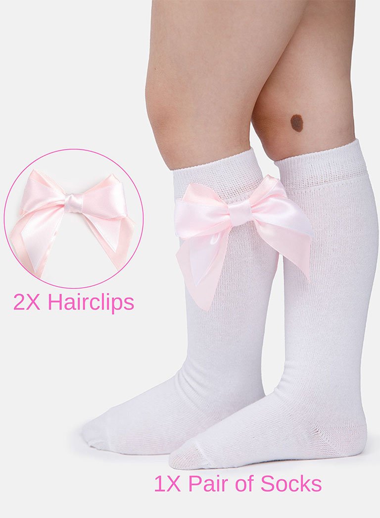 Matching Double Bow Socks & Hairclips Bundle - White & Baby Pink