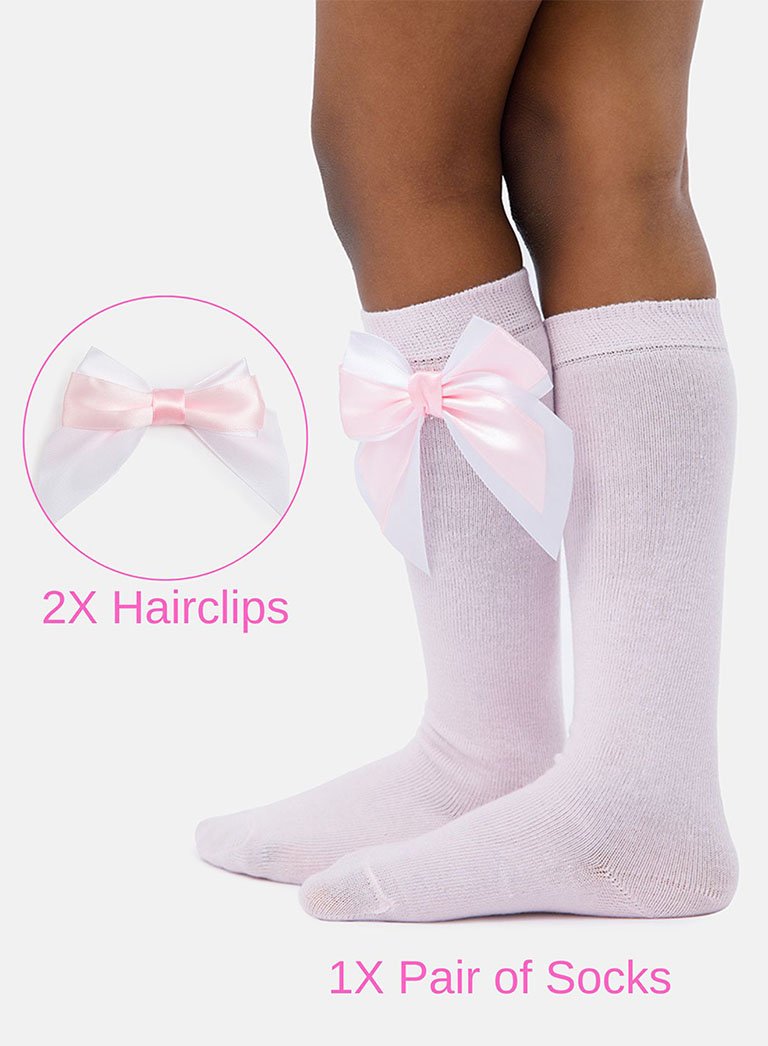 Matching Double Bow Socks & Hairclips Bundle - Baby Pink & White