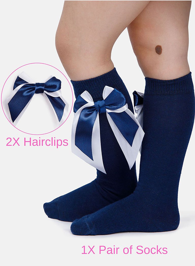 Matching Double Bow Socks & Hairclips Bundle - Navy Blue & White