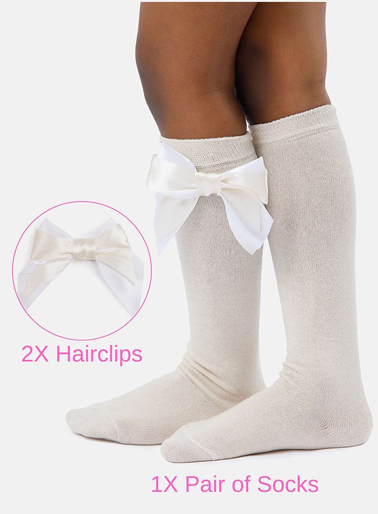 Matching Double Bow Socks & Hairclips Bundle - Cream & White
