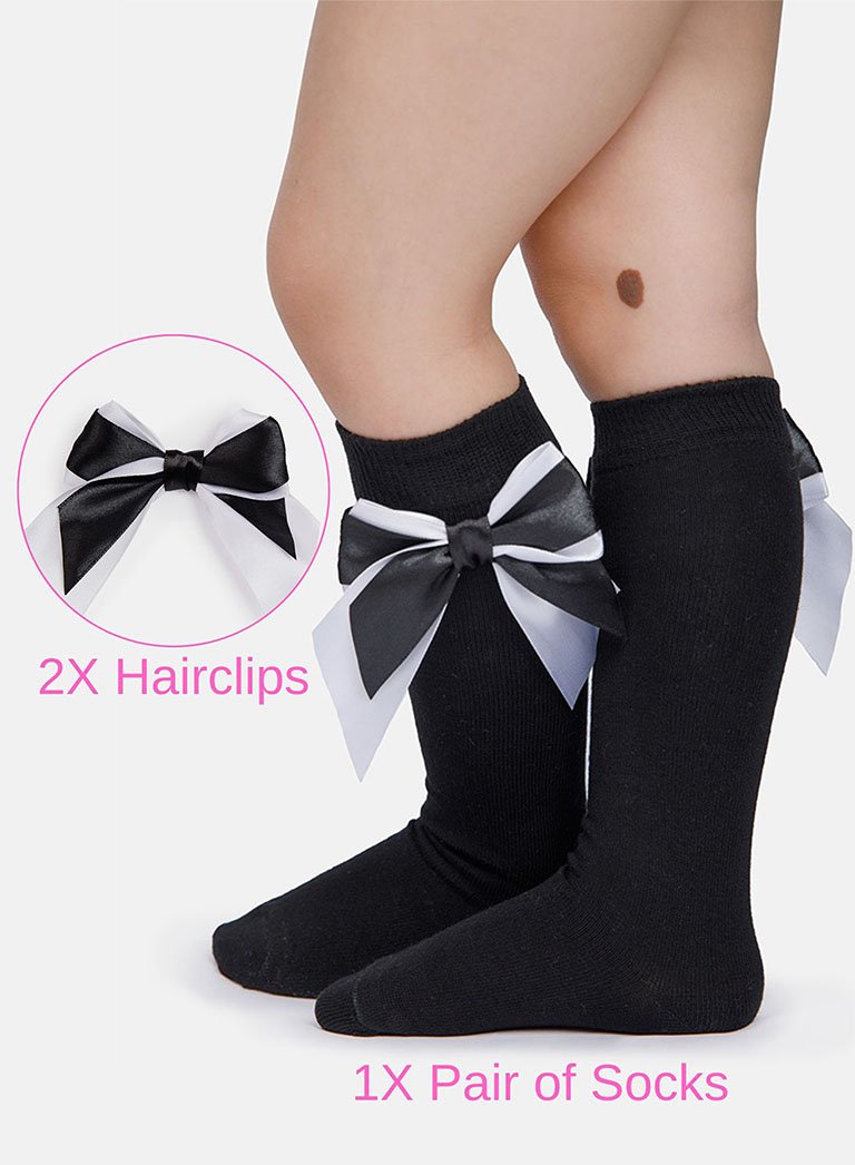 Matching Double Bow Socks & Hairclips Bundle - Black & White