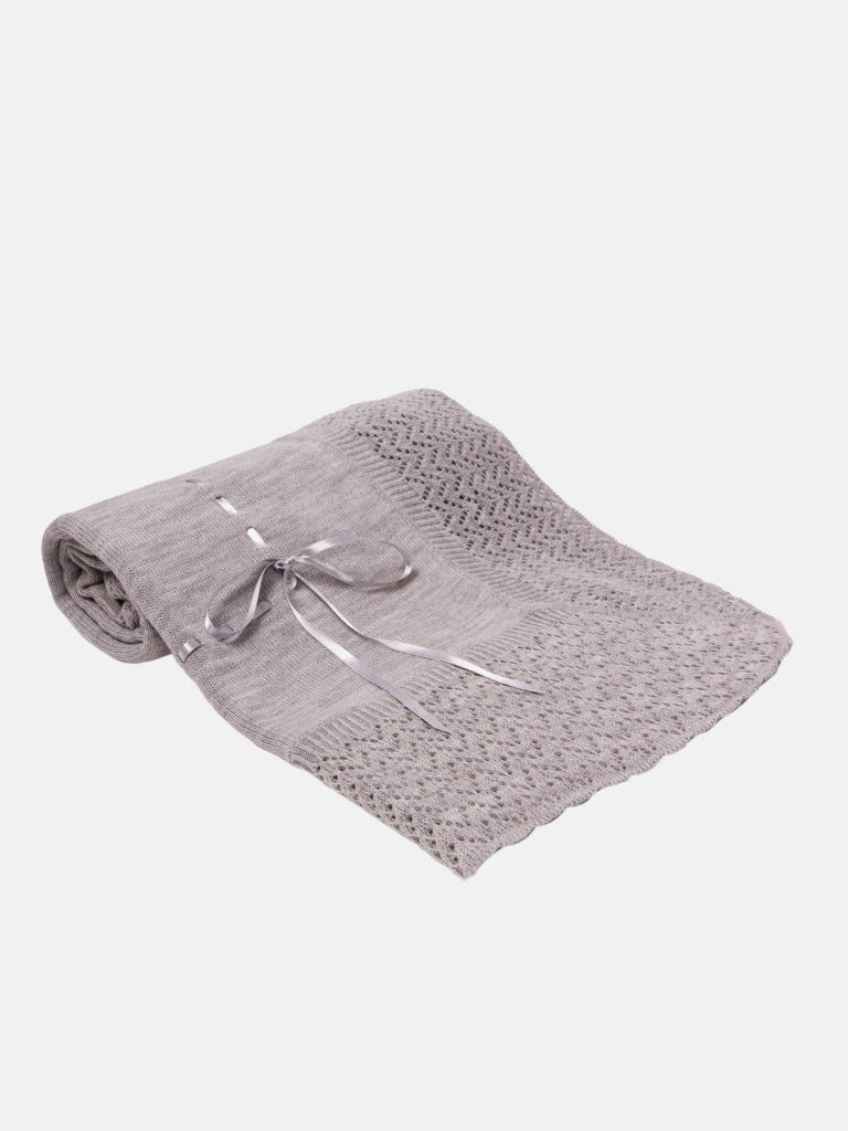 Baby Spanish Luxury Knitted Shawl with Ribbon - Grey