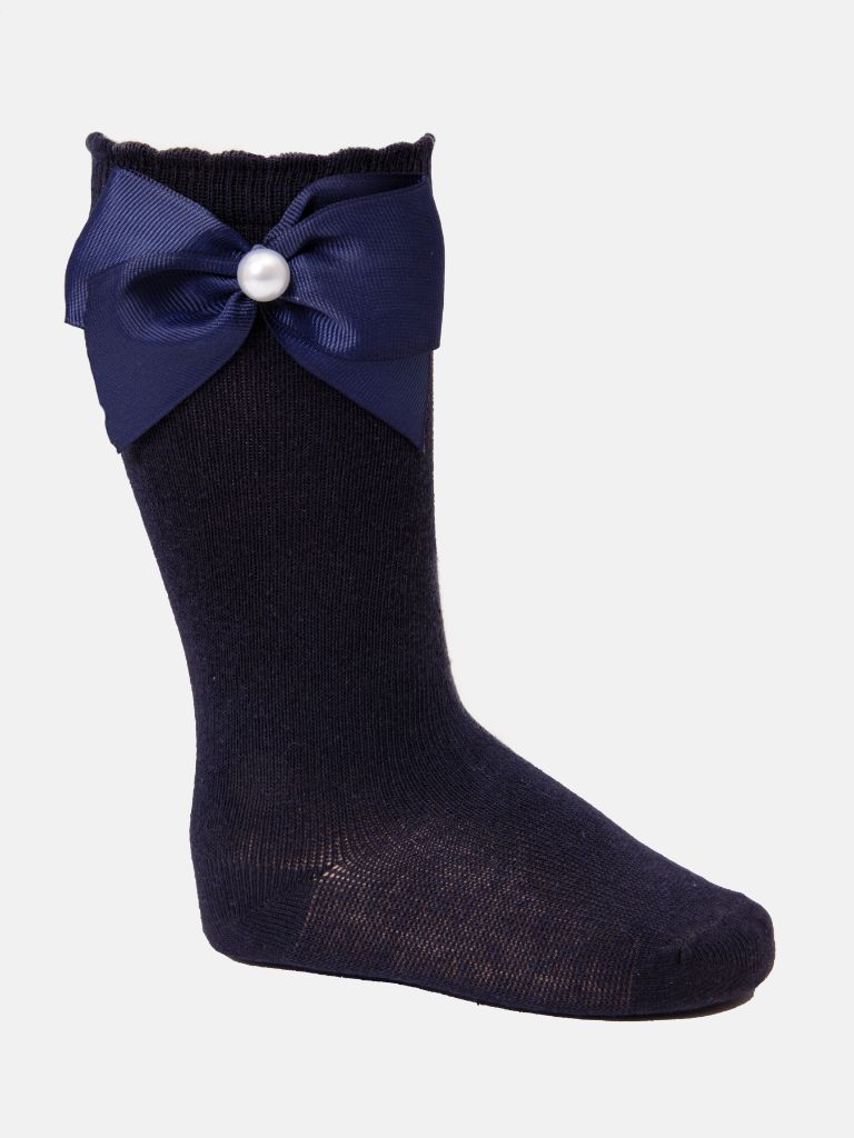 Baby Girl Knee Socks with Satin Bow and Pearl - Navy Blue
