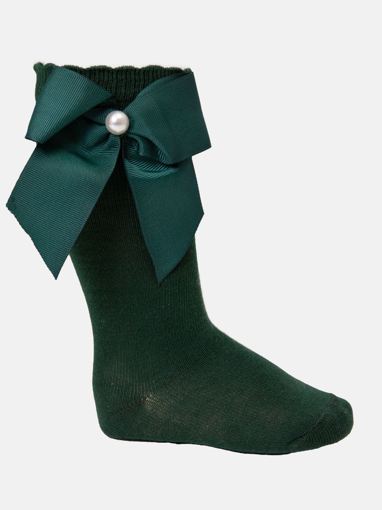 Baby Girl Knee Socks with Satin Bow and Pearl - Emerald Green