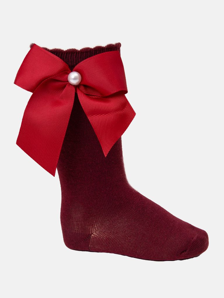 Baby Girl Knee Socks with Satin Bow and Pearl - Cherry Red