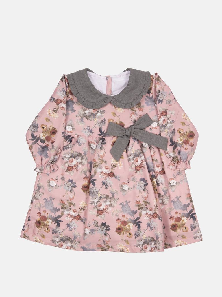 Baby Girl Millie Floral Dress With Bow Long Sleeves - Dusty Pink