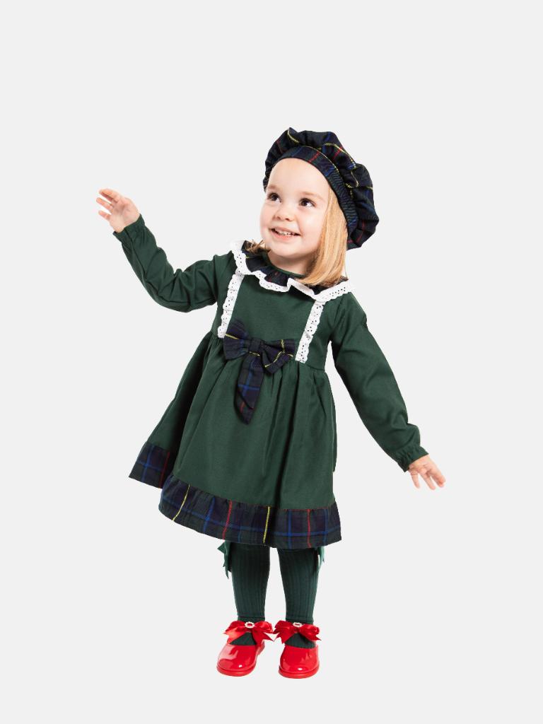 Baby Girl Star Collection Dress with Tartan Beret and Bow - Long Sleeves - Green - Normal Fit