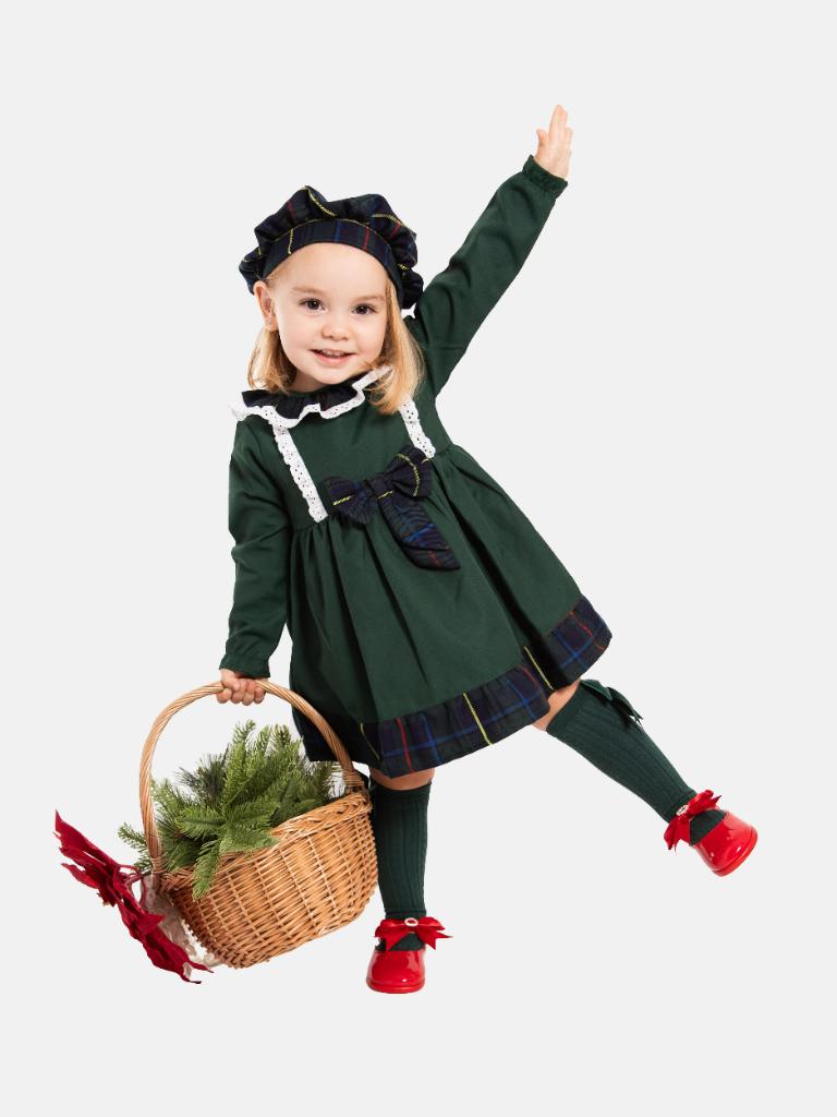 Baby Girl Star Collection Dress with Tartan Beret and Bow - Long Sleeves - Green - Normal Fit