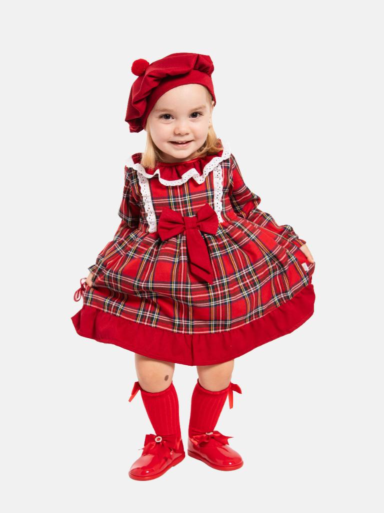 Baby Girl Star Collection Tartan Dress with Beret and Bow - Long Sleeves - Red - Normal Fit