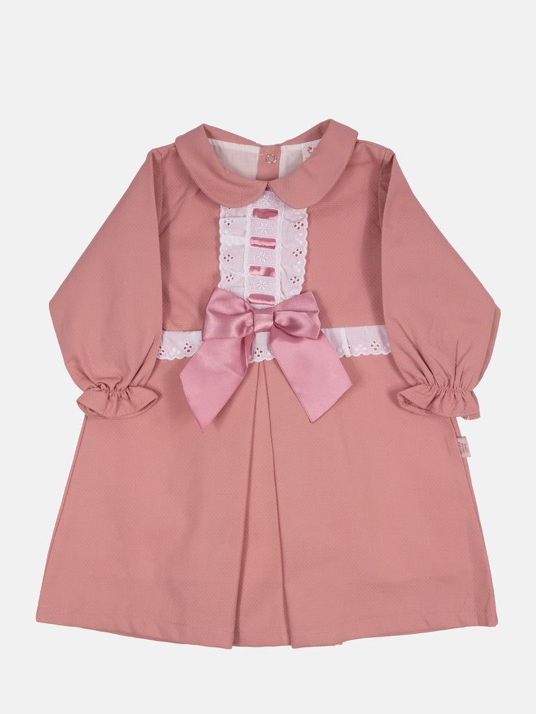 Baby Girl Julieta Classic Dress With Bow Long Sleeves - Dusty Pink