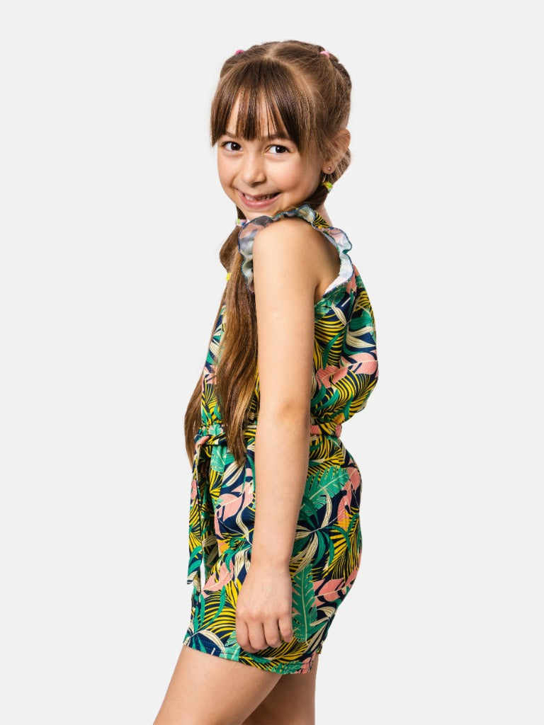 Junior Girl Stephanie French Collection Printed Short Sleeves Summer Romper with Waistband and Ruffles - Green