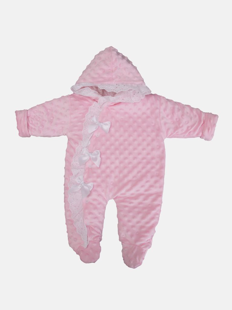 Baby Girl Bubble Hooded Pramsuit with Booties - Baby Pink
