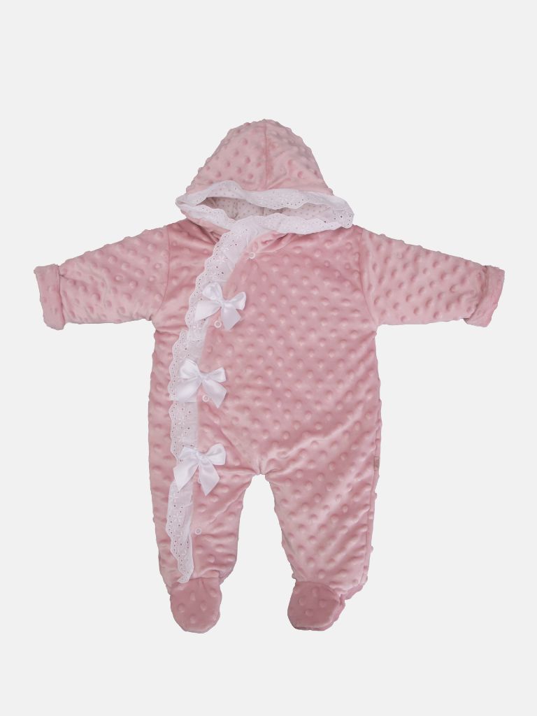 Baby Girl Bubble Hooded Pramsuit with Booties - Dusty Pink