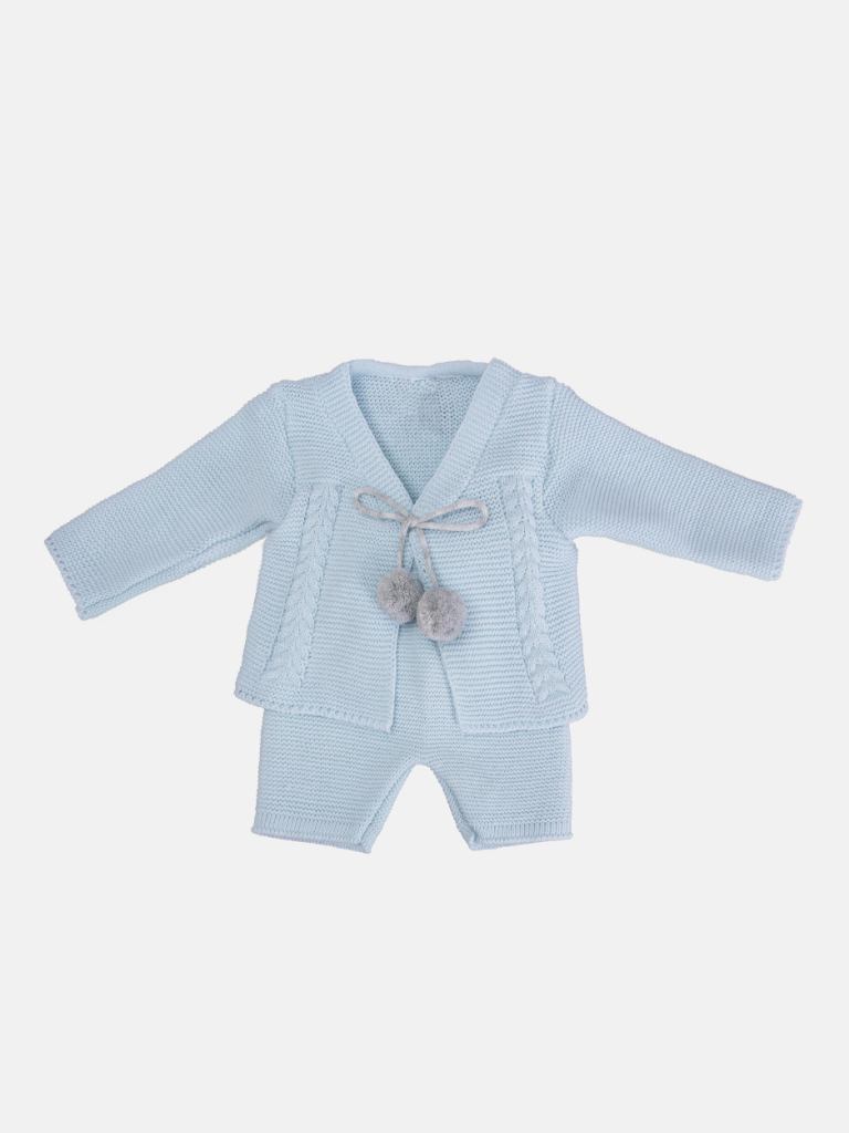 Baby Boy Andora Collection Knitted 2 piece set with Pom-poms - Baby Blue