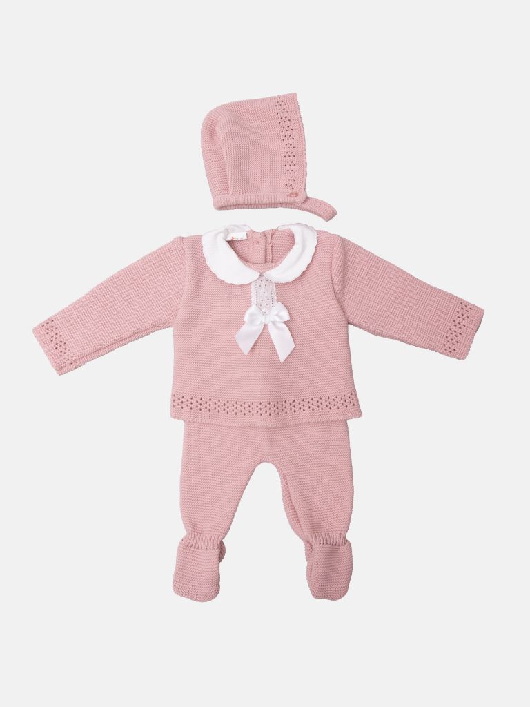 Baby Girl 3-piece Knitted Gift Box Set with Full Sleeve Top with Bow & Lace, Trouser with Booties, and Bonnet - Dusty Pink