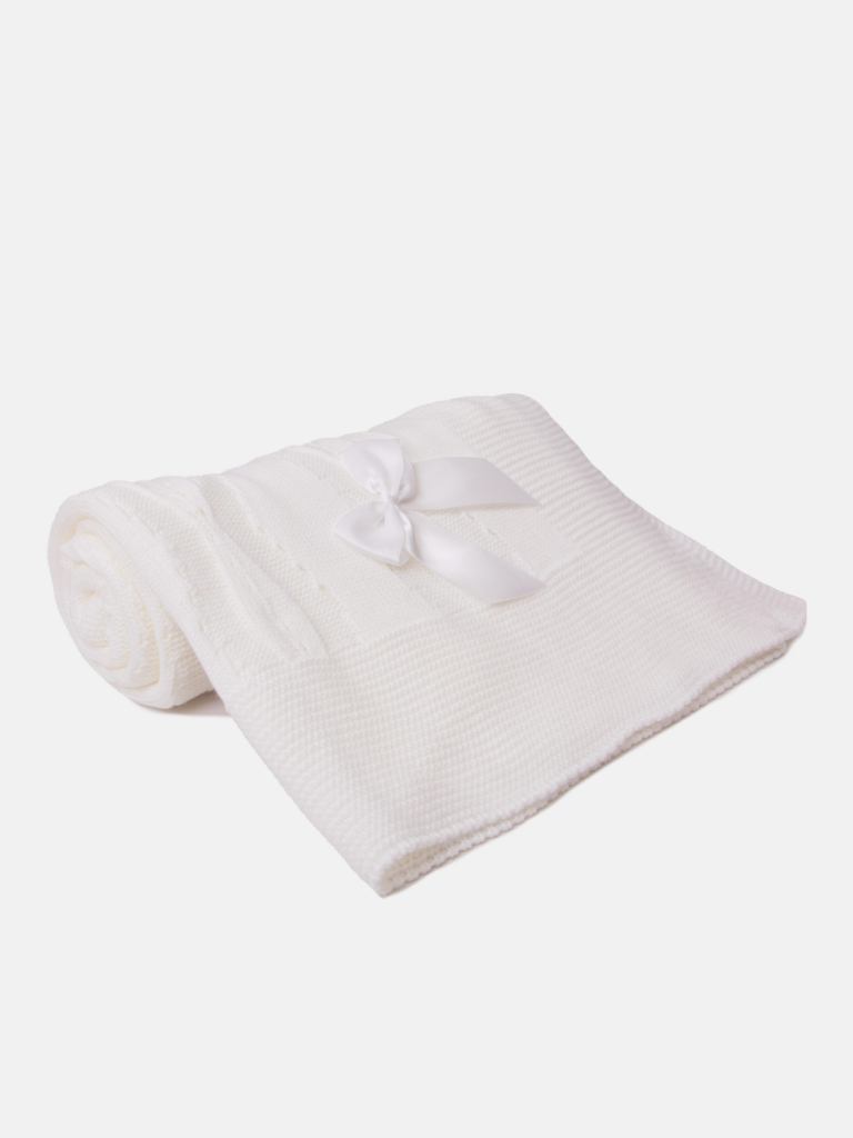 Baby Spanish Delicate Knitted Blanket with Bow - White