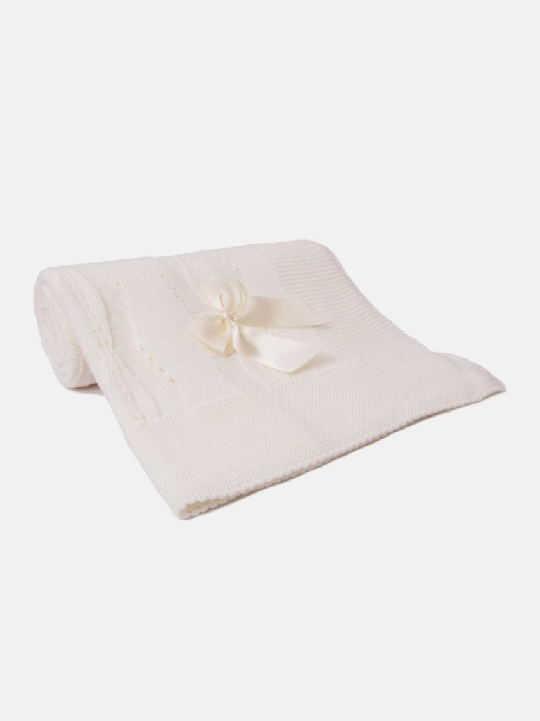 Baby Spanish Delicate Knitted Blanket with Bow - Cream