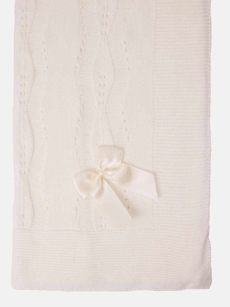 Baby Spanish Delicate Knitted Blanket with Bow - Cream